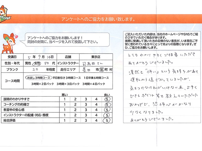 墨田区 50代女性 ペーパードライバー講習アンケート