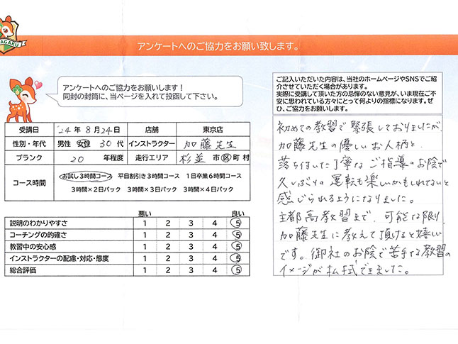 杉並区 30代女性 ペーパードライバー講習アンケート