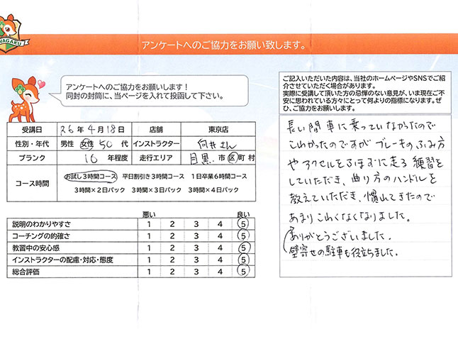 目黒区 50代女性 ペーパードライバー講習アンケート