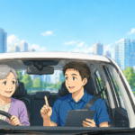 高齢者が教官の指導で運転練習を行うペーパードライバー講習の様子（東京の市街地）