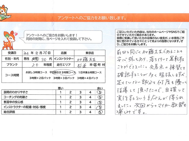 杉並区 30代女性 ペーパードライバー講習アンケート